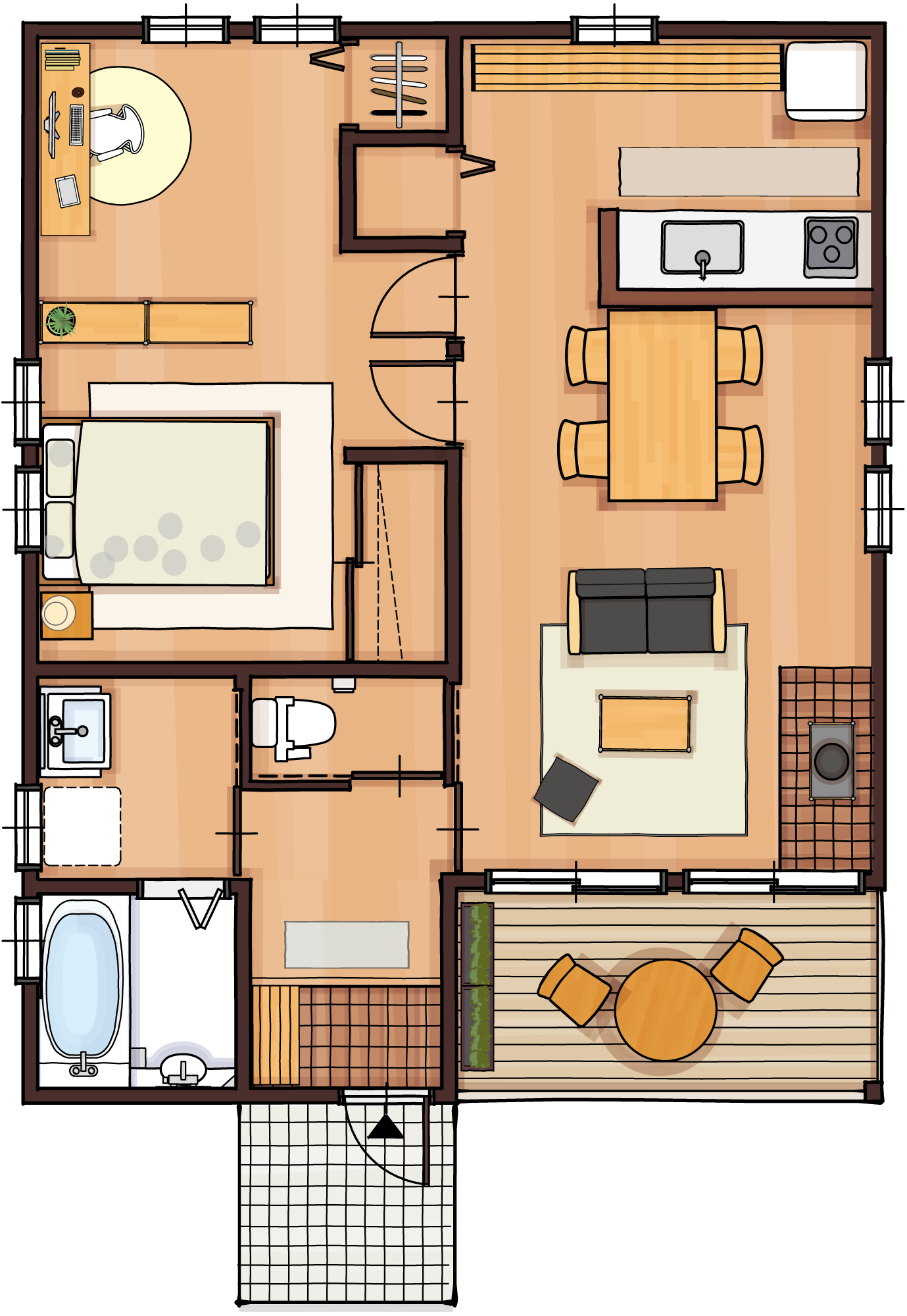 18坪の平屋間取り図（南玄関・1LDK）