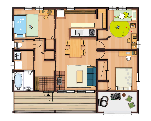 26坪3LDK南玄関の平屋間取り図